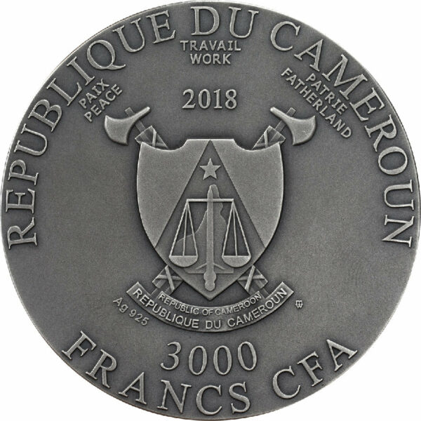 2018 Cameroon 3 Ounce Lunar Year of the Dog UV High Relief Antique Finish Silver Coin Obv - Art in Coins