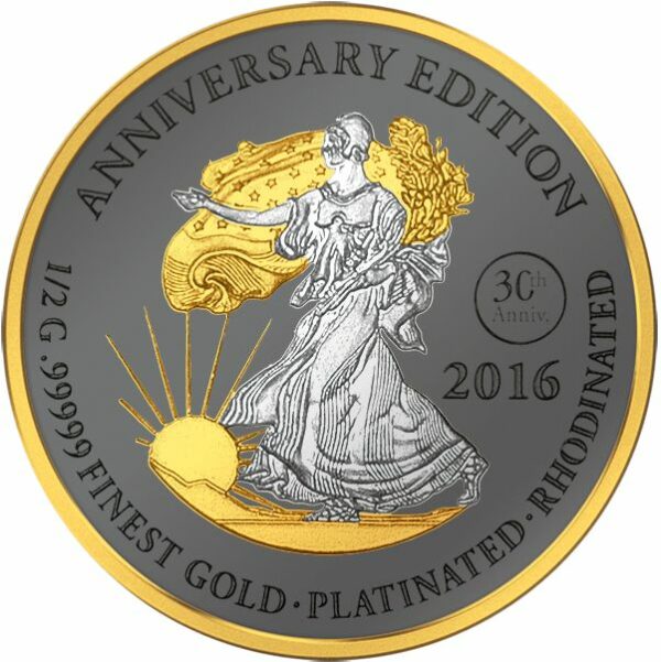 2016 Gabon 7 X 1/2 Gram Anniversary Edition .99999 Gold Platinum Proof Coin Walking Liberty - Art in Coins