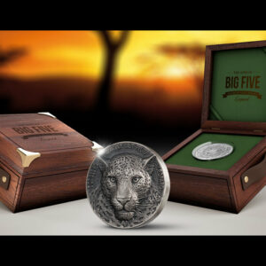 2018 Ivory Coast 5 Ounce African Big 5 Leopard Mauquoy Mint High Relief Silver Proof Coin