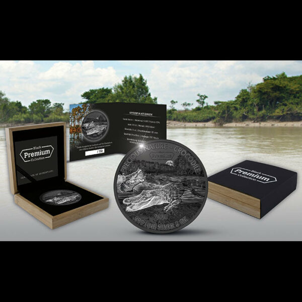 2018 Benin 5 Ounce Black Premium Precious Nature Crocodile Rhodium and Palladium Silver Coin