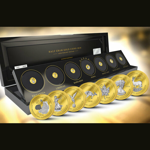 2018 Gabon 7 X 1/2 Gram Anniversary Edition .99999 Gold Platinum Coin Collection