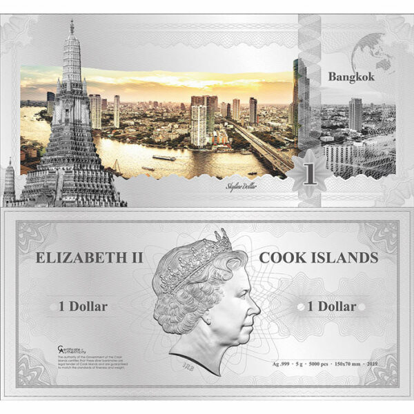 2019 Cook Islands 5 Gram Bangkok Skyline Dollar Minted Silver Bank Note