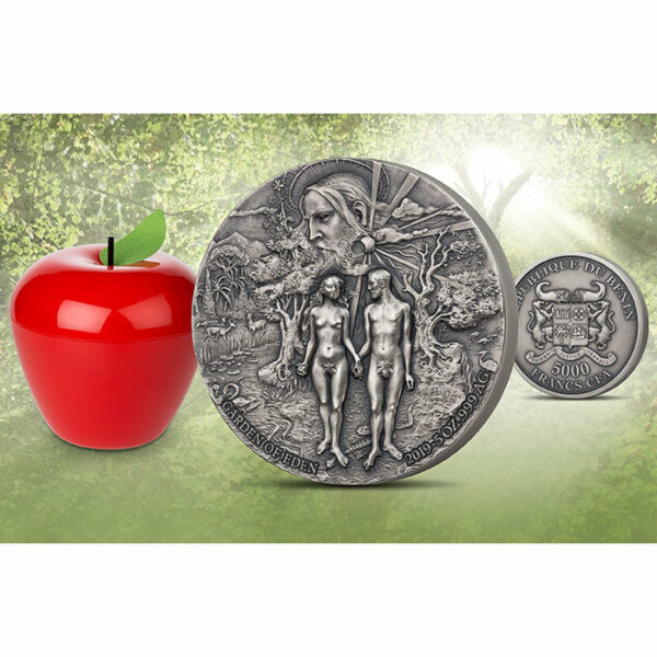 2019 Benin 5 Ounce Garden of Eden Adam & Eve High Relief Antique Finish Silver Coin