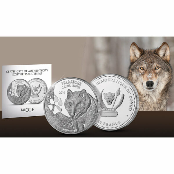2019 Democratic Congo 1 Ounce Predators Canis Lupus .999 Silver Coin