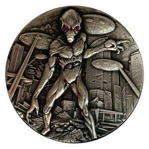 2018 Chad 2 Ounce Alien Invasion 10,000 Francs CFA Antique Finish .999 Silver Coin