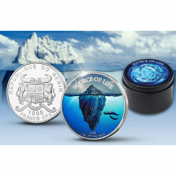 2019 Benin 1 Ounce Source of Life Water Colored and White Rhodium Plated Silver Coin
