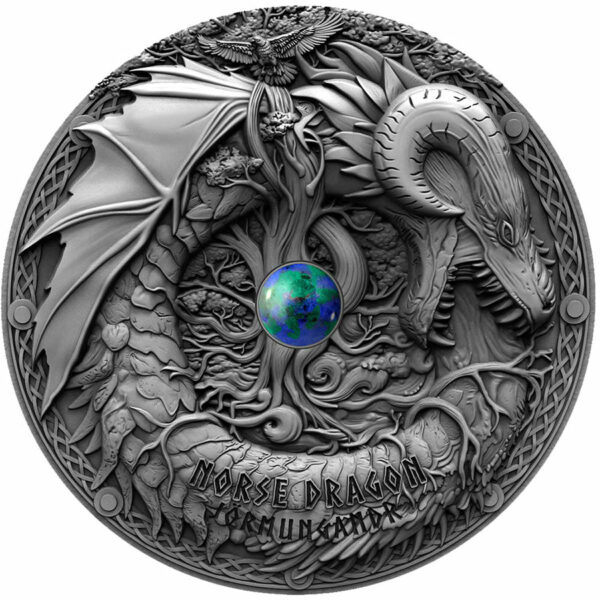 2019 Niue 2 Ounce Norse Dragon Jormungandr High Relief Antique Finish Silver Coin