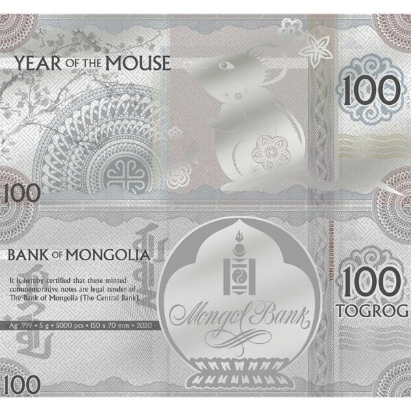 2020 Mongolia 5 Gram Year of the Mouse Minted Silver Bank Note