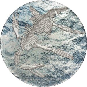 2020 Mongolia 3 Ounce Prehistoric Beasts Plesiosaur Fossil High Relief Silver Coin
