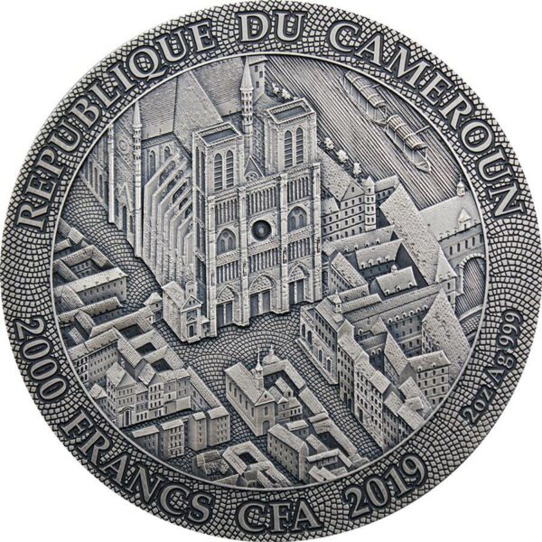 2019 Cameroon 2 Ounce Notre Dame de Paris Antique Finish Silver Coin