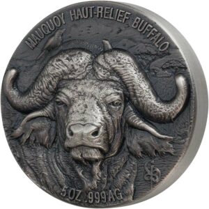 2020 Ivory Coast 5 Ounce African Big 5 Water Buffalo Mauquoy Mint High Relief Silver Proof Coin