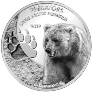2019 Democratic Congo 1 Ounce Predators Grizzly Bear (Ursus Arctos Horribilis) Silver Coin