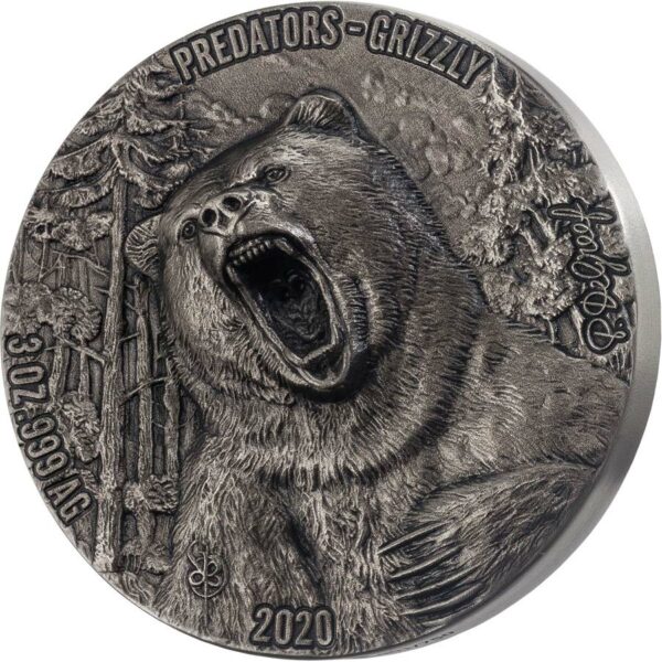 2020 Ivory Coast 3 Ounce Predators Grizzly High Relief Antique Finish Silver Coin