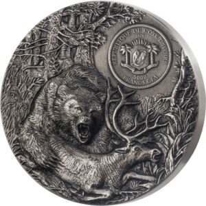 2020 Ivory Coast 3 Ounce Predators Grizzly High Relief Silver Coin