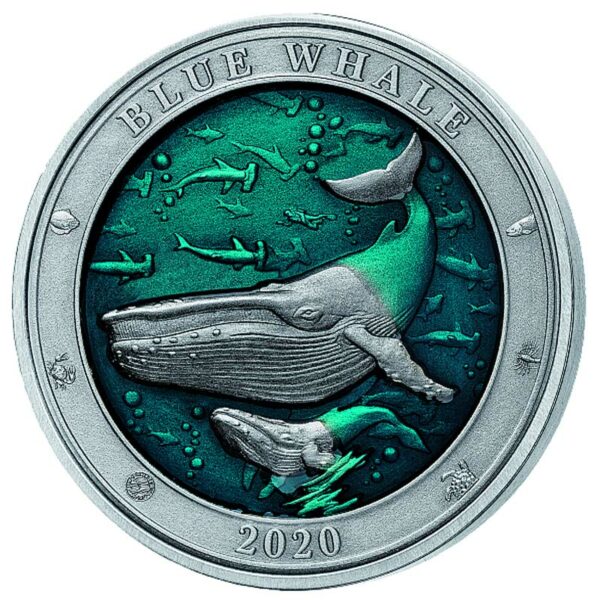 2020 Barbados 3 Ounce Underwater World "Blue Whale" Enamelled Silver Coin