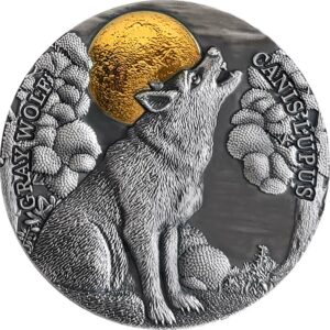 2020 Niue 2 Ounce Gray Wolf High Relief Gilded Antique Finish Silver Coin