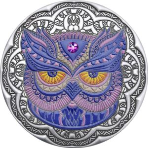 2020 Niue 2 Ounce Mandala Collection Owl Swarovski Crystal Inset Color Silver Coin
