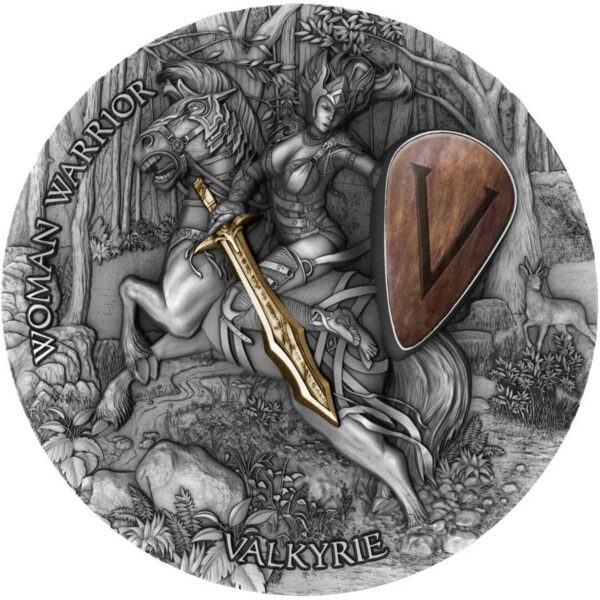 2020 Niue 2 Ounce Woman Warriors Valkyrie High Relief Gold Gilded Antique Finish Wood Inlay Silver Coin