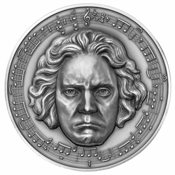 2020 Cameroon 3 Ounce Beethoven 250th Anniversary Ultra High Relief Diamond Inset Antique Finish Silver Coin