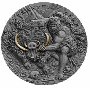 2020 Niue 2 Ounce Twelve Labours of Hercules - Erymanthian Boar High Relief Gold Gilded Antique Finish Silver Coin