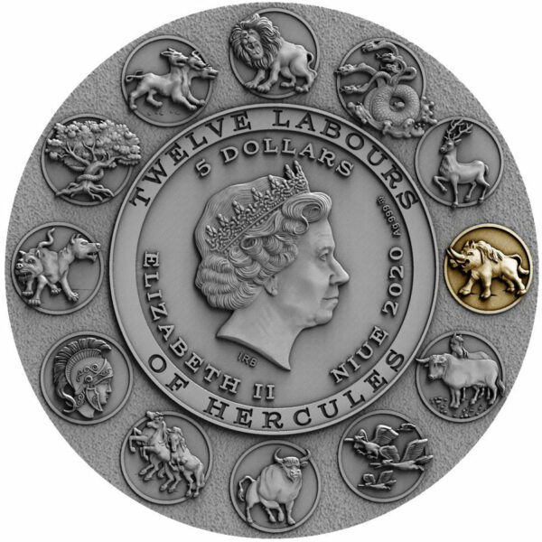 2020 Niue 2 Ounce Twelve Labours of Hercules - Erymanthian Boar High Relief Gilded Silver Coin