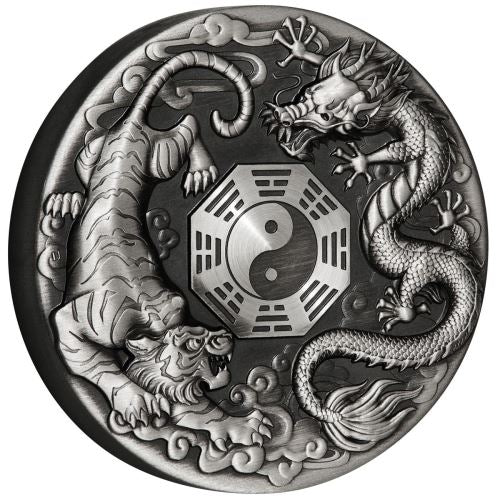 2021 Tuvalu 2 Ounce Dragon & Tiger with Bagua Antiqued Silver Coin