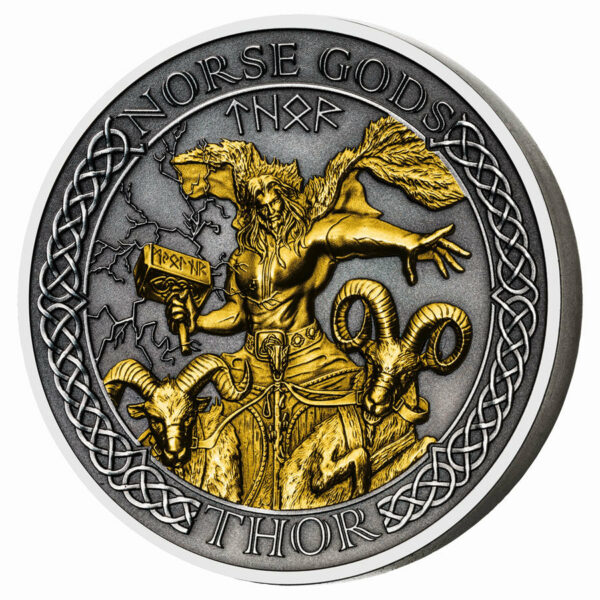 2020 Cook Islands 2 Ounce Norse Gods Thor High Relief Gold Plated Antique Finish Silver Coin