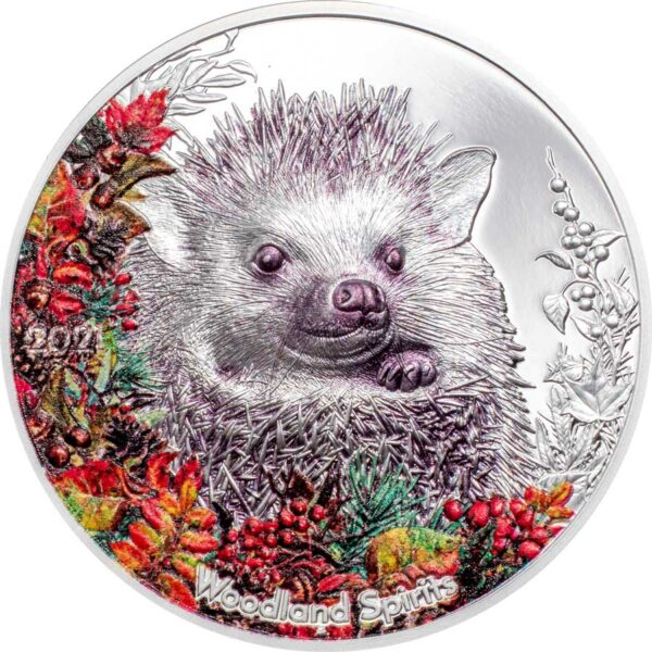 2021 Mongolia 1 Ounce Woodland Spirits Hedgehog High Relief Colored Silver Proof Coin