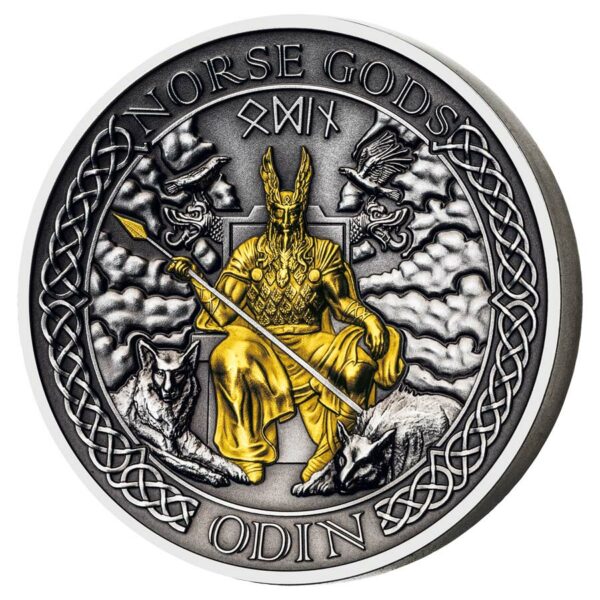 2021 Cook Islands 2 Ounce Norse Gods Odin High Relief Gold Plated Antique Finish Silver Coin