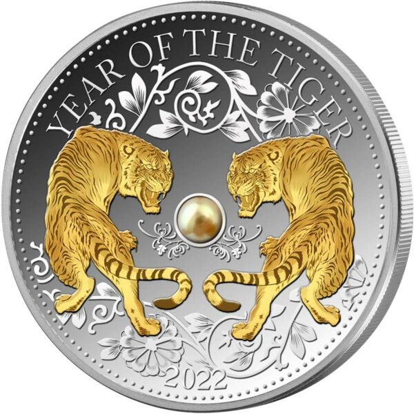 2022 Fiji 1 Ounce Year of the Tiger Gold Plated Pearl Inset Silver Proof Coin