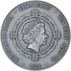2021 Ghana 50 Gram Phoenix and Dragon Antique Finish Silver Coin