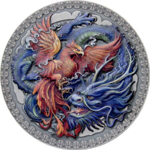 2021 Ghana 50 Gram Phoenix & Dragon Color Antique Finish Silver Coin
