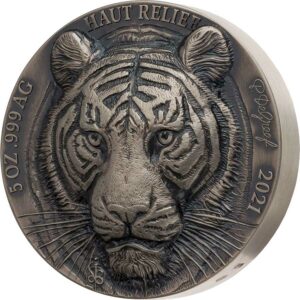 2021 Ivory Coast 5 Ounce Big 5 Asia - Tiger Ultra High Relief Silver Coin