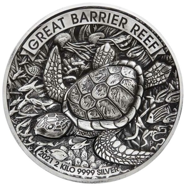 2021 Australia 2 Kilogram Great Barrier Reef High Relief Antique Finish Silver Coin