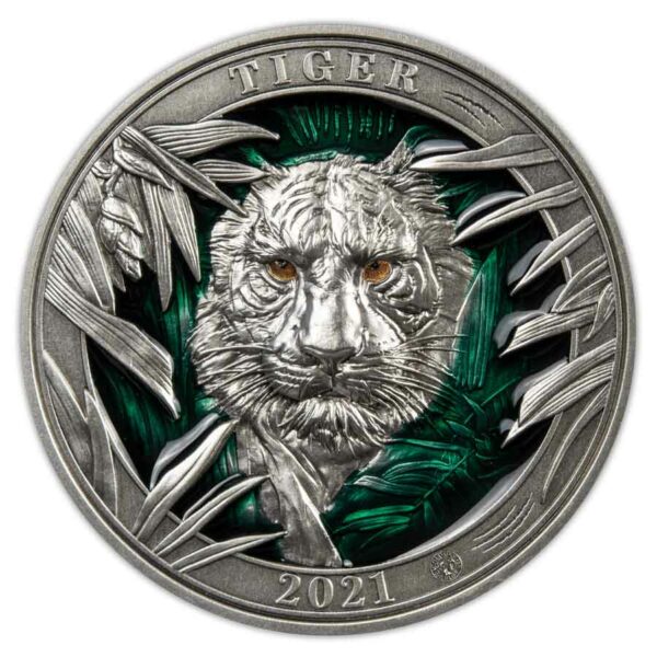 2021 Barbados 3 Ounce Colors of Wildlife Tiger Ultra High Relief Enamel Silver Coin