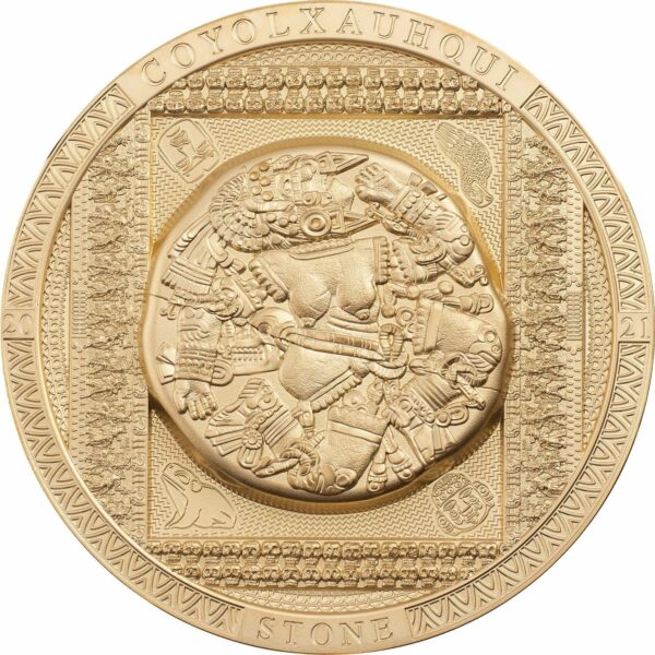 2021 Cook Islands 3 Ounce Aztec Coyolxauhqui Stone High Relief Gilded Silver Coin