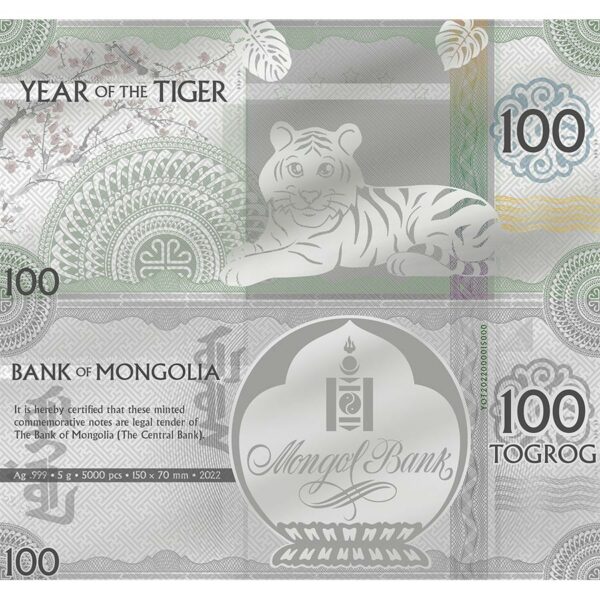 2022 Mongolia 5 Gram Year of the Tiger 100 Togrog Minted Silver Bank Note