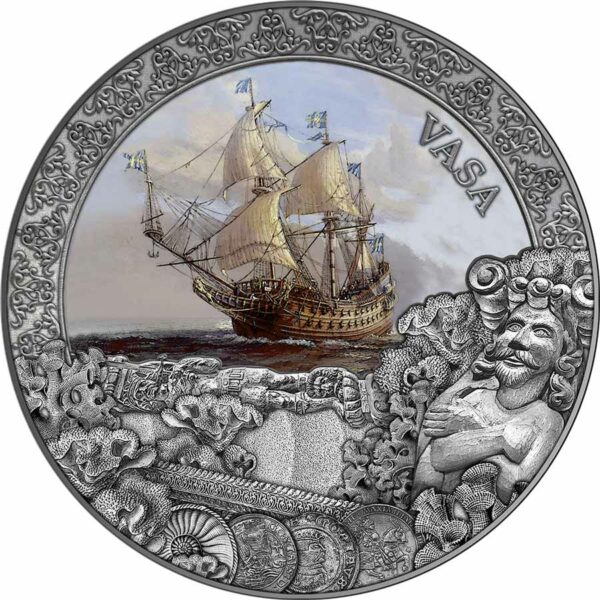 2021 Niue 2 Ounce Vasa Grand Shipwrecks High Relief Color Antique Finish Silver Coin