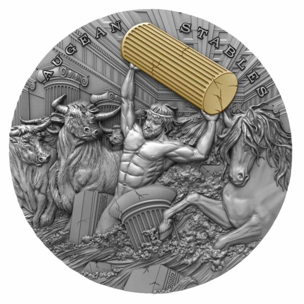2021 Niue 2 Ounce Twelve Labours of Hercules - Augean Stables High Relief Gilded Antique Finish Silver Coin