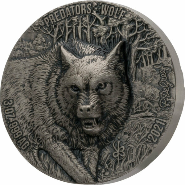 2021 Ivory Coast 3 Ounce Predators "Wolf" High Relief Antique Finish Silver Coin