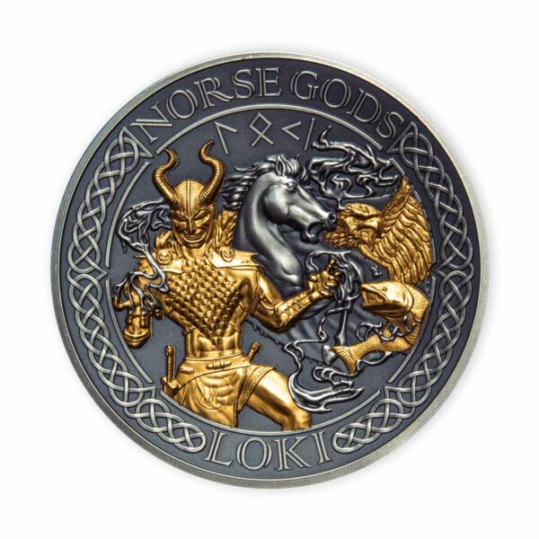2022 Cook Islands 2 Ounce Norse Gods Loki High Relief Gold Plated Antique Finish Silver Coin