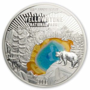 2022 Barbados 150 Gram 150 Years Yellowstone National Park Enamel Silver Coin