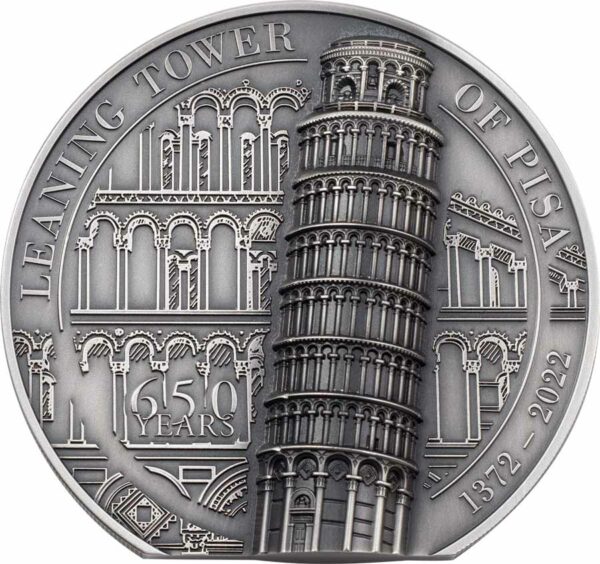 2022 Cook Islands 5 Ounce Leaning Tower of Pisa Ultra High Relief Antique Finish Silver Coin