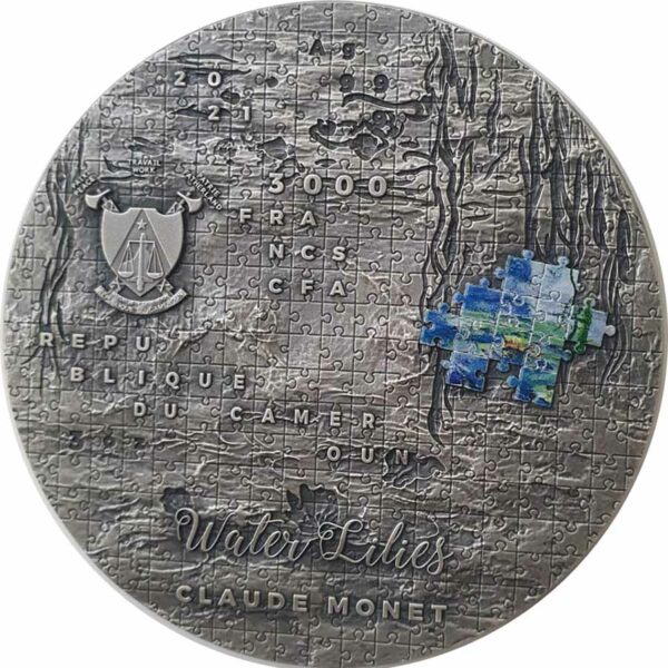 2021 Cameroon 3 oz Claude Monet - Water Lilies soPuzzle Art Silver Coin