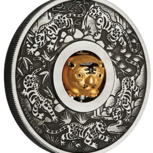 2022 Tuvalu 1 oz Year of the Tiger Rotating Charm Antique Finish Silver Coin