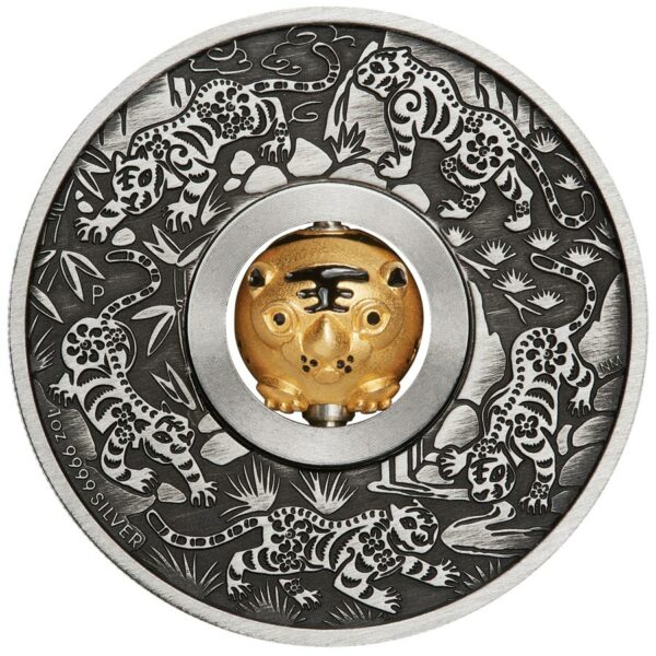 2022 Tuvalu 1 Ounce Year of the Tiger Rotating Charm Antique Finish Silver Coin