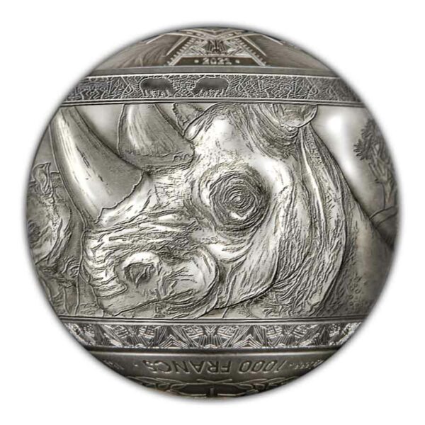 2022 Djibouti 1 Kilogram Big 5 Rhinoceros Spherical Antique Finish Silver Coin