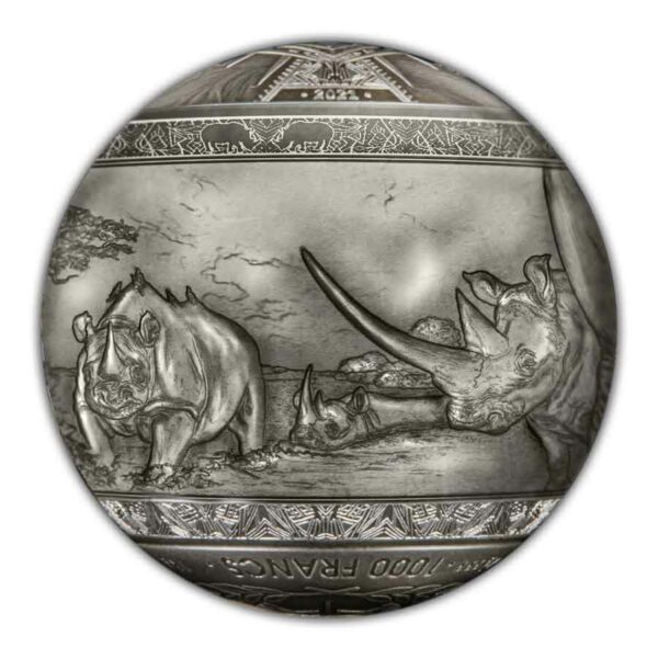 2022 Djibouti 1 Kg Big 5 Rhinoceros Spherical Antique Finish Silver Coin