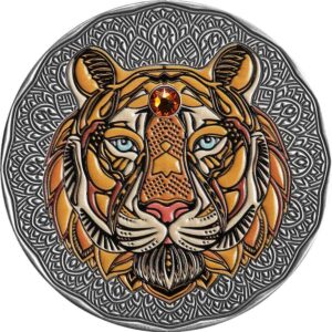 2022 Niue 2 Ounce Mandala Collection Tiger Swarovski Crystal Colored Silver Coin