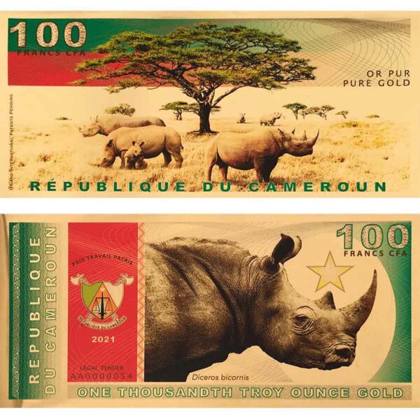 2021 Cameroon Aurum 1/1000 Ounce Black Rhinoceros 24K Gold Bank Note